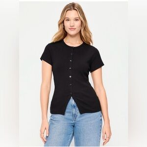 Old Navy Short Sleeve Ribbed Button-Down Top Black sz L NWT